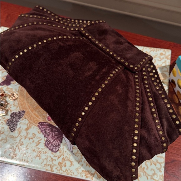 KOOBA DARK BROWN SUEDE CLUTCH WITH ANTIQUE GOLD RIVETS - Picture 4 of 10